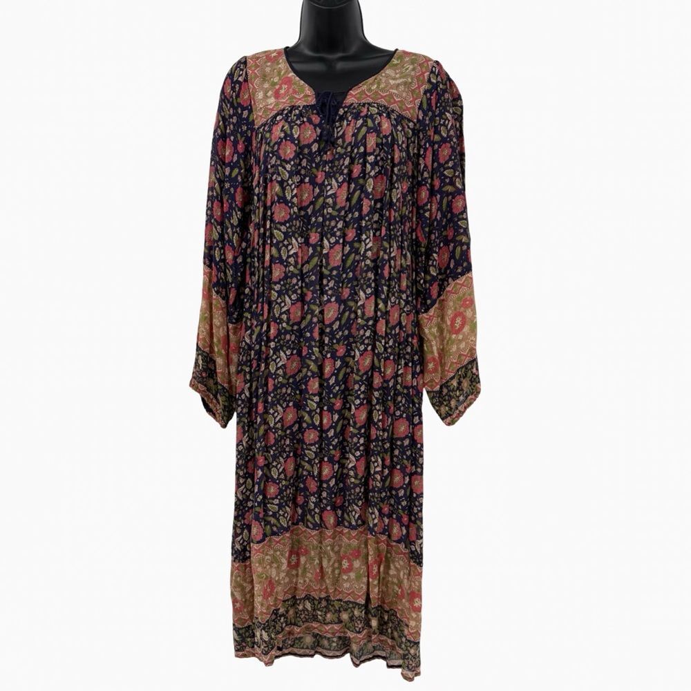 1970s Star of India Vintage Indian Cotton Kaftan Dress Floral Gauze | Medium - Picture 3 of 7